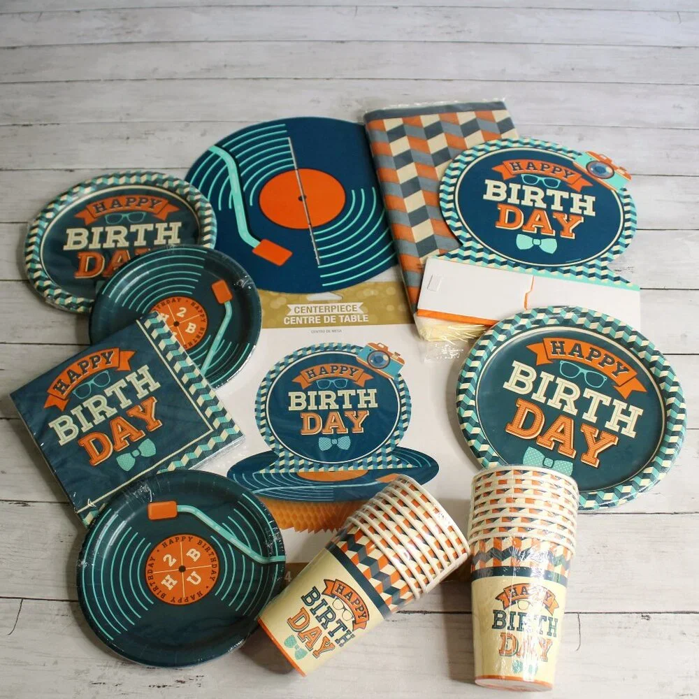 Men's Hipster Birthday Paper Plates Cups Party Supplies Vintage Retro